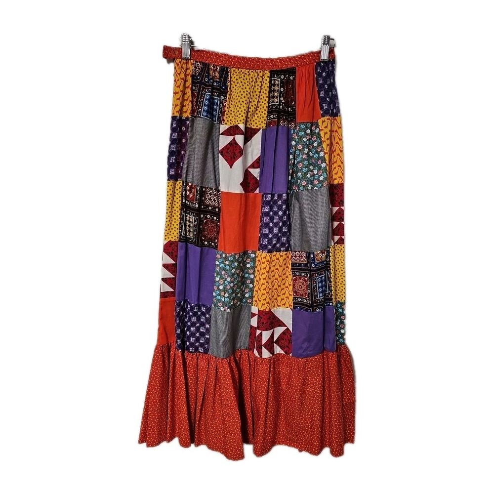 Vtg 70s Patchwork Skirt Small 2/4 Maxi Handmade Hippie Boho Prairie Revival